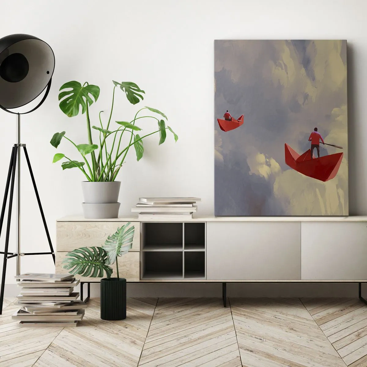 Cuadro sobre lienzo - Impresión de Imagen - Barquitos de papel rojos flotando en las nubes - 50x70cm - El viaje de un soñador - Decoración de pared moderna para salón y dormitorio ARTTOR