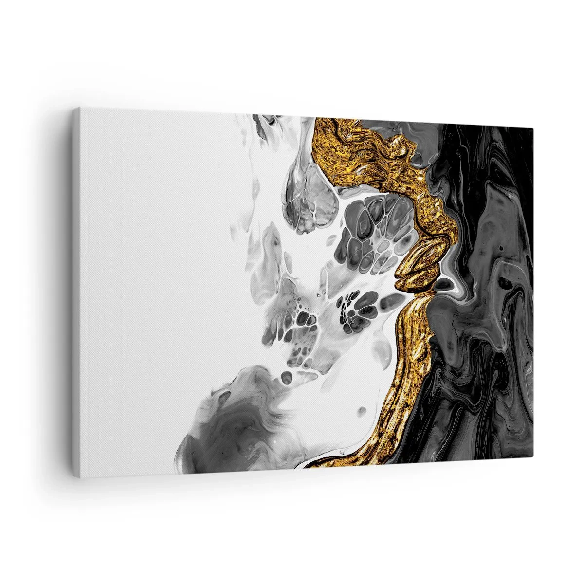 Cuadro sobre lienzo - Impresión de Imagen - Una composición abstracta con acentos dorados y negros. - 70x50cm - Composición orgánica - Decoración de pared moderna para salón y dormitorio ARTTOR