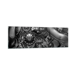 Cuadro sobre vidrio - Impresiones sobre Vidrio - Primer plano en blanco y negro de los detalles mecánicos de un motor de automóvil. - 160x50cm - La poesía de la mecánica - Decoración de pared moderna para salón y dormitorio ARTTOR