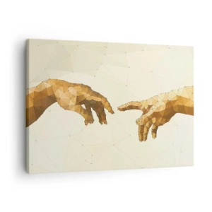 Cuadro sobre lienzo - Impresión de Imagen - Manos geométricas que se extienden una hacia la otra sobre un fondo claro. - 70x50cm - Geometría divina - Decoración de pared moderna para salón y dormitorio ARTTOR
