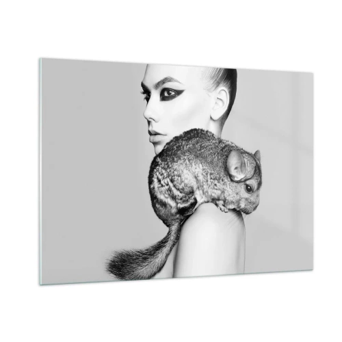 Cuadro sobre vidrio - Impresiones sobre Vidrio - Retrato de una mujer con una chinchilla en blanco y negro - 100x70cm - Dama con chinchilla - Decoración de pared moderna para salón y dormitorio ARTTOR