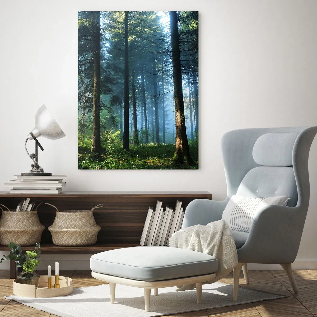 Cuadro sobre vidrio - Impresiones sobre Vidrio - Un sendero forestal en la niebla de la mañana entre árboles altos. - 50x70cm - Radiante por la mañana - Decoración de pared moderna para salón y dormitorio ARTTOR