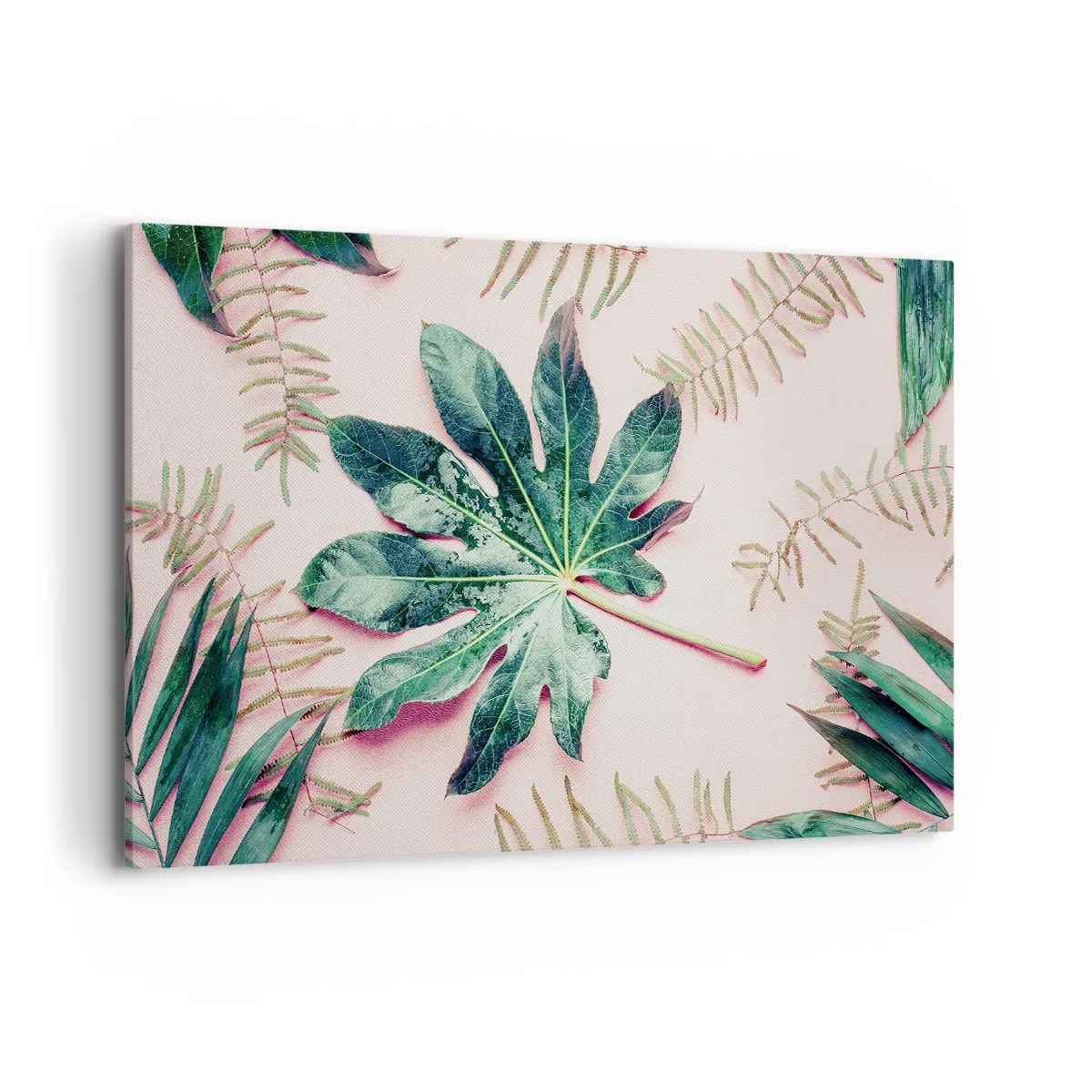 Cuadro sobre lienzo - Impresión de Imagen - Hojas tropicales sobre un fondo pastel claro. - 120x80cm - Estudio de vegetación sobre fondo rosa - Decoración de pared moderna para salón y dormitorio ARTTOR