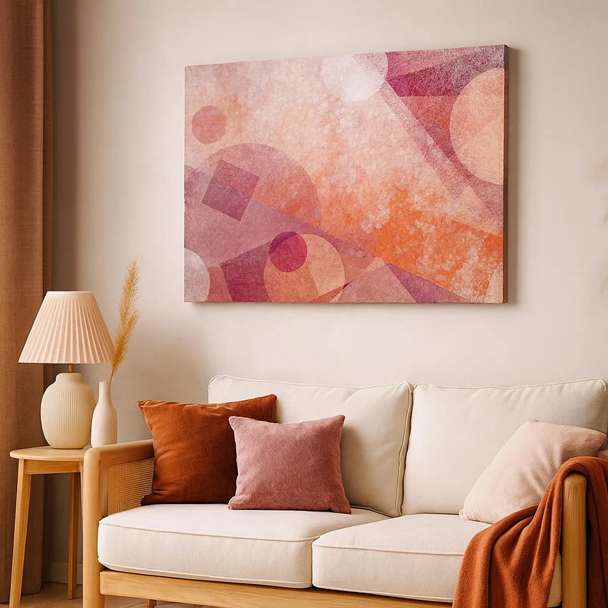 Cuadro sobre lienzo - Impresión de Imagen - Formas geométricas abstractas en tonos pastel de rosa. - 70x50cm - Transformaciones geométricas en rosa - Decoración de pared moderna para salón y dormitorio ARTTOR