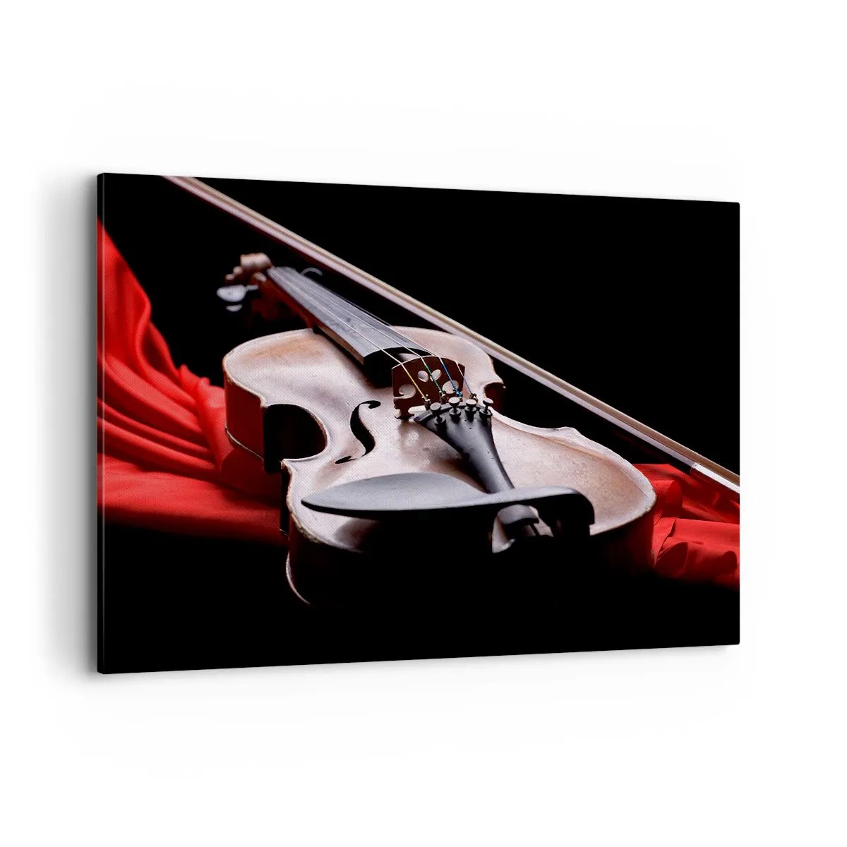 Cuadro sobre lienzo - Impresión de Imagen - Violín sobre tela roja con fondo negro. - 120x80cm - Música de sentimientos - Decoración de pared moderna para salón y dormitorio ARTTOR