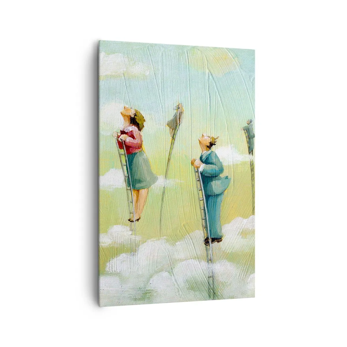 Cuadro sobre lienzo - Impresión de Imagen - Figuras subiendo escaleras entre nubes sobre un fondo pastel. - 80x120cm - Sigue tu sueño - Decoración de pared moderna para salón y dormitorio ARTTOR