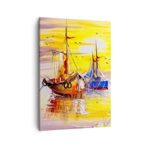 Cuadro sobre lienzo - Impresión de Imagen - Una escena pictórica de barcos en un mar en calma. - 50x70cm - Un merecido descanso en el puerto - Decoración de pared moderna para salón y dormitorio ARTTOR