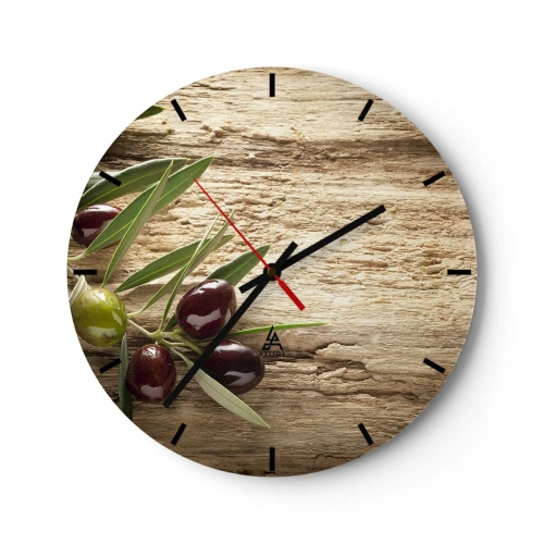 Reloj de pared - Reloj de vidrio - Rama de olivo sobre un fondo de madera - 30x30cm - Directamente de la naturaleza - Decoración de pared moderna para salón, cocina y dormitorio ARTTOR