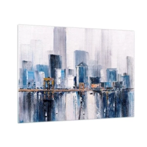 Cuadro sobre vidrio - Impresiones sobre Vidrio - Panorama abstracto de la ciudad con rascacielos y un puente en colores fríos - 70x50cm - Impresión neoyorquina - Decoración de pared moderna para salón y dormitorio ARTTOR
