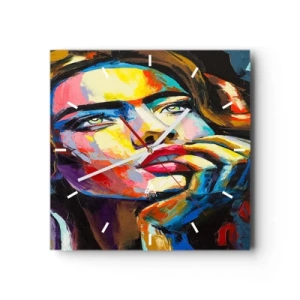Reloj de pared - Reloj de vidrio - Retrato colorido de una mujer en estilo expresionista. - 30x30cm - Sueños - Decoración de pared moderna para salón y dormitorio ARTTOR
