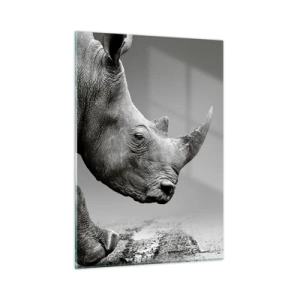 Cuadro sobre vidrio - Impresiones sobre Vidrio - Un rinoceronte en movimiento sobre un fondo gris. - 50x70cm - Fuerza imparable - Decoración de pared moderna para salón y dormitorio ARTTOR