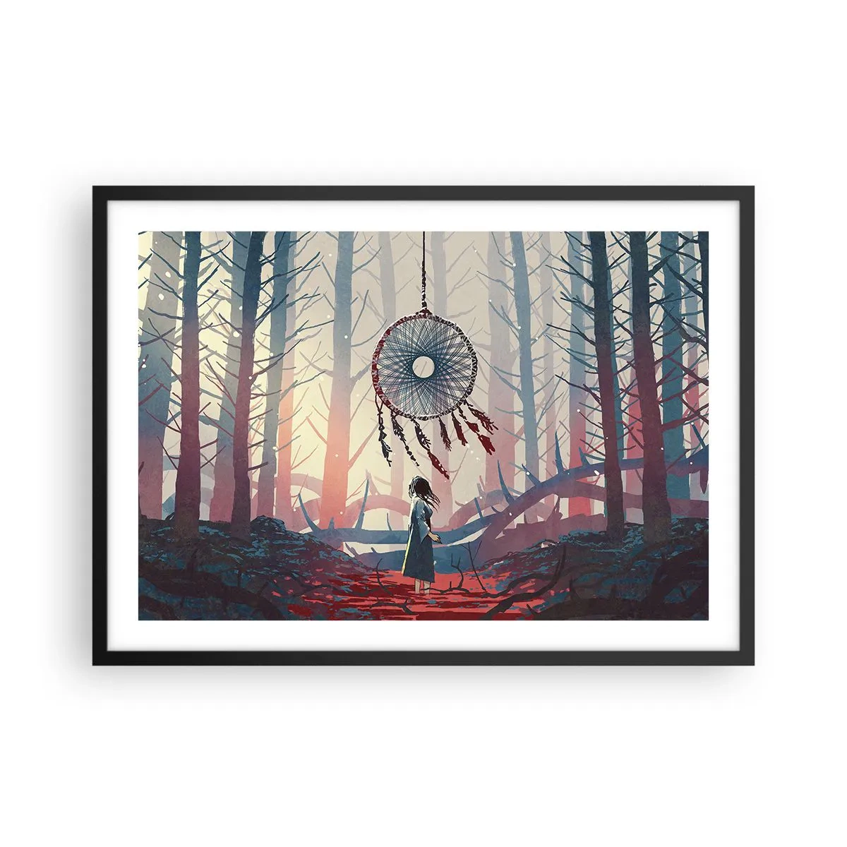 Póster en marco negro - Escena de bosque con un atrapasueños gigante. - 70x50cm - El ritual secreto de la felicidad - Decoración de pared moderna para salón y dormitorio ARTTOR