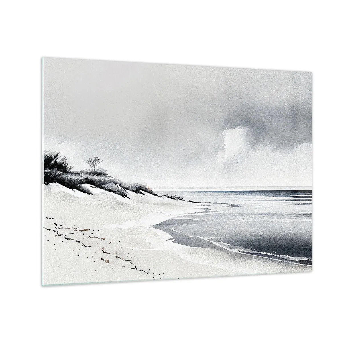 Cuadro sobre vidrio - Impresiones sobre Vidrio - Playa blanca y negra con horizonte y mar en calma. - 70x50cm - Juntos desde el principio de los tiempos - Decoración de pared moderna para salón y dormitorio ARTTOR