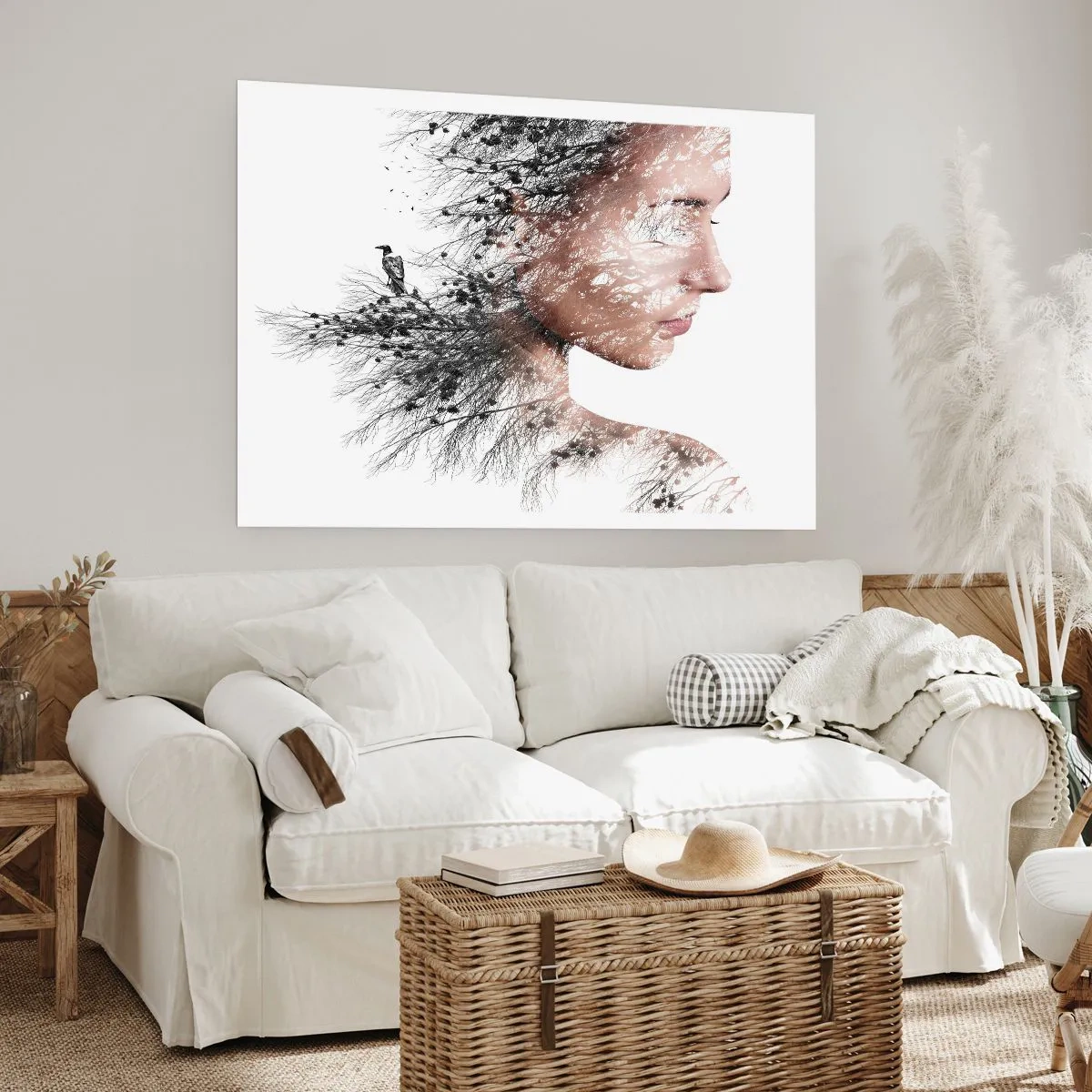 Póster - Silueta de una mujer con una rama y un motivo de pájaro en el fondo. - 100x70cm - Espíritu del bosque - Decoración de pared moderna para salón y dormitorio ARTTOR