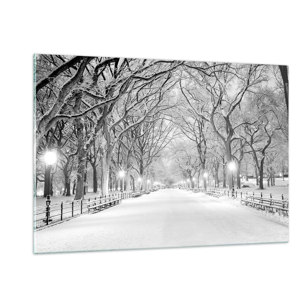 Cuadro sobre vidrio - Impresiones sobre Vidrio - Callejón de árboles de invierno en el parque con luces y nieve. - 120x80cm - Cuatro estaciones - invierno - Decoración de pared moderna para salón y dormitorio ARTTOR
