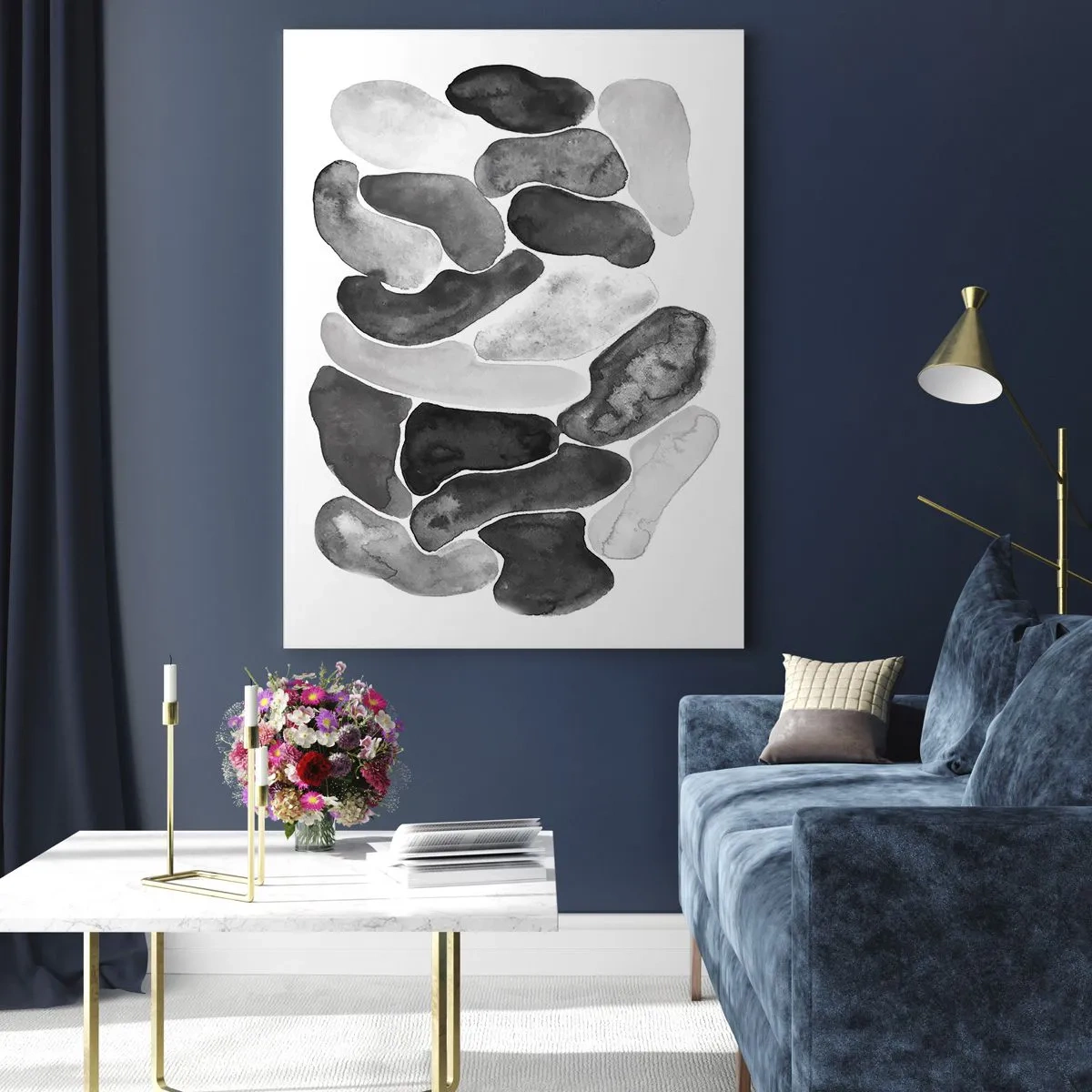 Cuadro sobre vidrio - Impresiones sobre Vidrio - Abstracción en blanco y negro con manchas irregulares sobre un fondo blanco. - 80x120cm - Abstracción pétrea - Decoración de pared moderna para salón y dormitorio ARTTOR