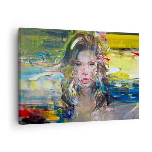 Cuadro sobre lienzo - Impresión de Imagen - Retrato abstracto de una mujer en colores intensos. - 70x50cm - Tras el velo del aire - Decoración de pared moderna para salón y dormitorio ARTTOR