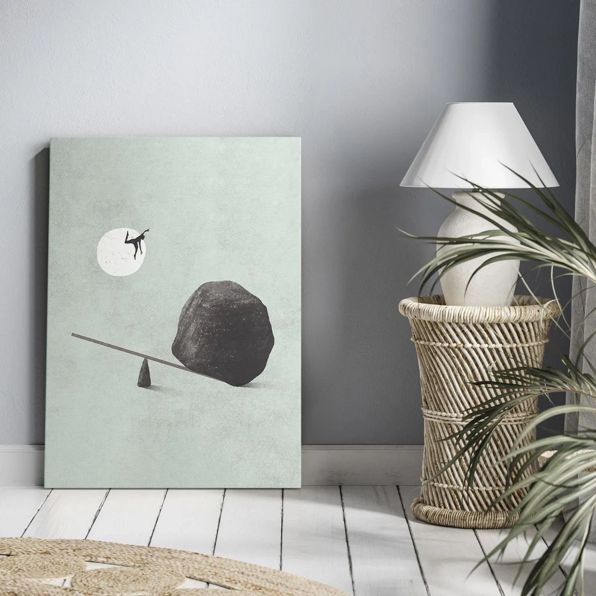 Cuadro sobre lienzo - Impresión de Imagen - Una escena simbólica con una figura y un equilibrio contra un cielo brillante. - 50x70cm - Un sueño hecho realidad - Decoración de pared moderna para salón y dormitorio ARTTOR