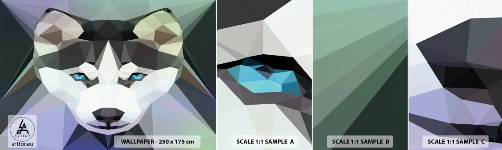 Muestra de fotomural autoadhesivo Deluxe Sticker - El recuerdo de las nieves del norte - Abstracción, animales, Lobo - 100x30 cm