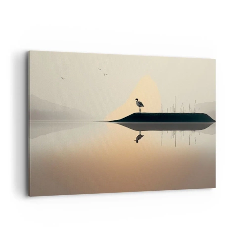 Cuadro sobre lienzo - Impresión de Imagen - Un pájaro en una isla en un lago tranquilo con tonos cálidos. - 120x80cm - Un caballero en el lago - Decoración de pared moderna para salón y dormitorio ARTTOR