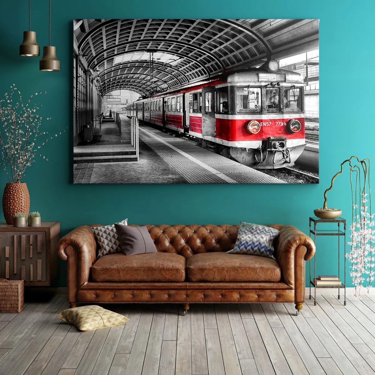 Cuadro sobre lienzo - Impresión de Imagen - Tren rojo en la estación bajo techo. - 70x50cm - ¿El viaje de su vida? - Decoración de pared moderna para salón y dormitorio ARTTOR