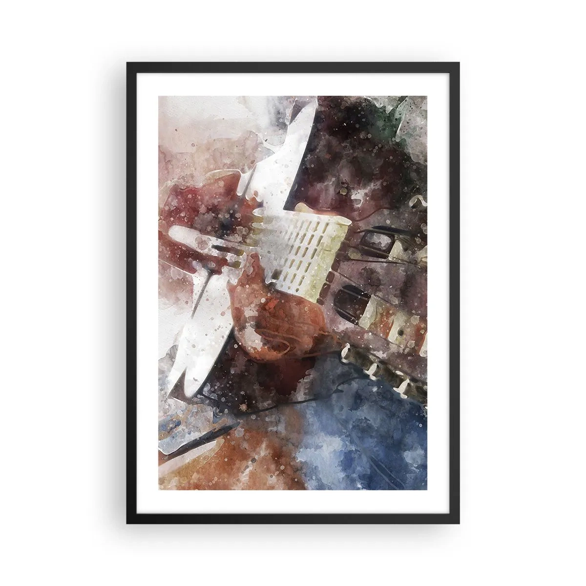 Póster en marco negro - Representación artística de una guitarra en estilo acuarela. - 50x70cm - ¿Y qué opinas? - Decoración de pared moderna para salón y dormitorio ARTTOR