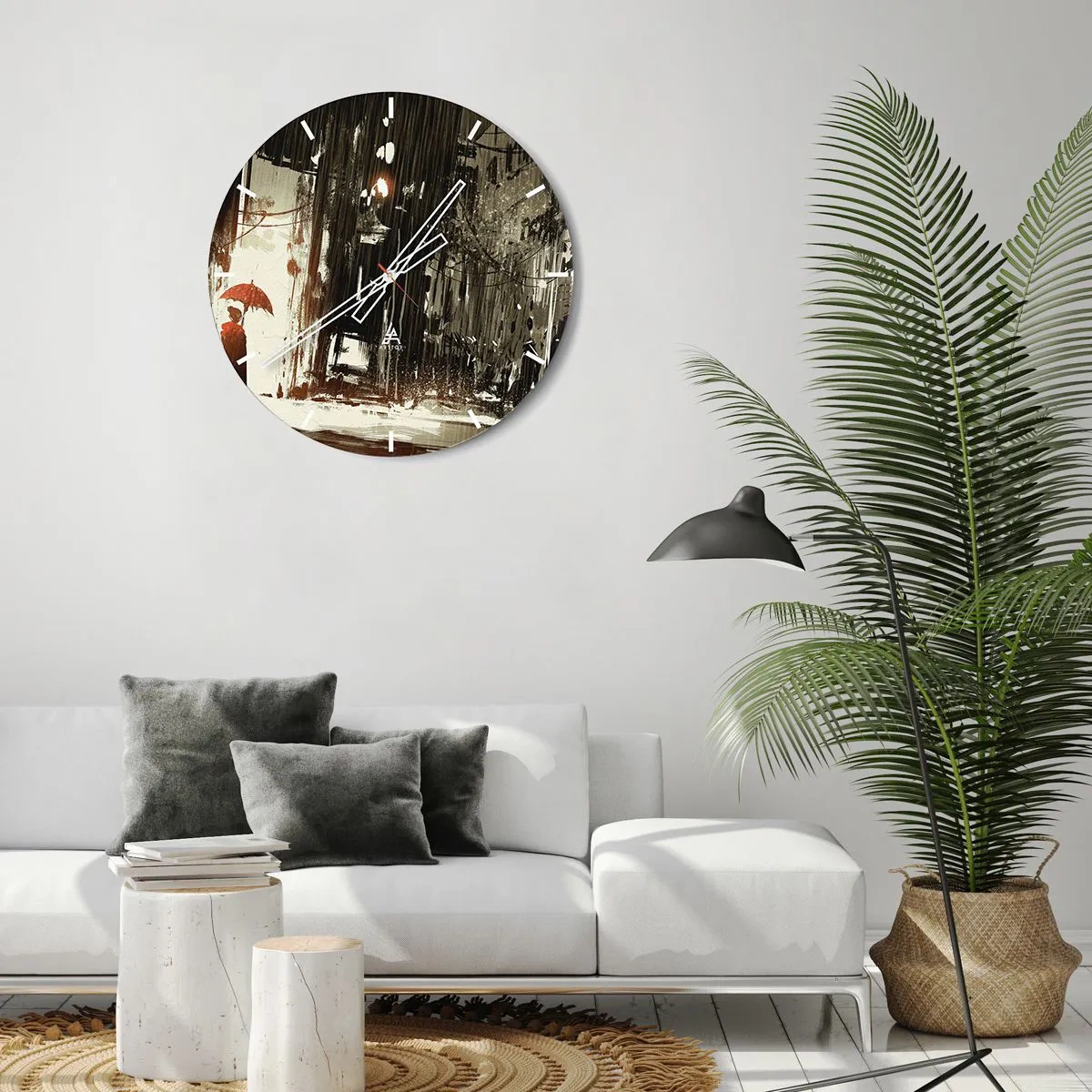 Reloj de pared - Reloj de vidrio - Una escena con un paraguas contra una calle lluviosa. - 30x30cm - Poesía de un paraguas rojo - Decoración de pared moderna para salón, cocina y dormitorio ARTTOR