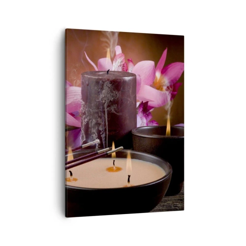 Cuadro sobre lienzo - Impresión de Imagen - Figura de Buda con velas encendidas y varillas de incienso. - 50x70cm - Despejar la mente, calmar el cuerpo - Decoración de pared moderna para salón y dormitorio ARTTOR