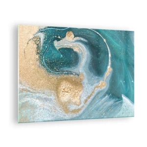Cuadro sobre vidrio - Impresiones sobre Vidrio - Ondas doradas sobre turquesa en estilo abstracto - 70x50cm - Un remolino de oro y turquesa - Decoración de pared moderna para salón y dormitorio ARTTOR