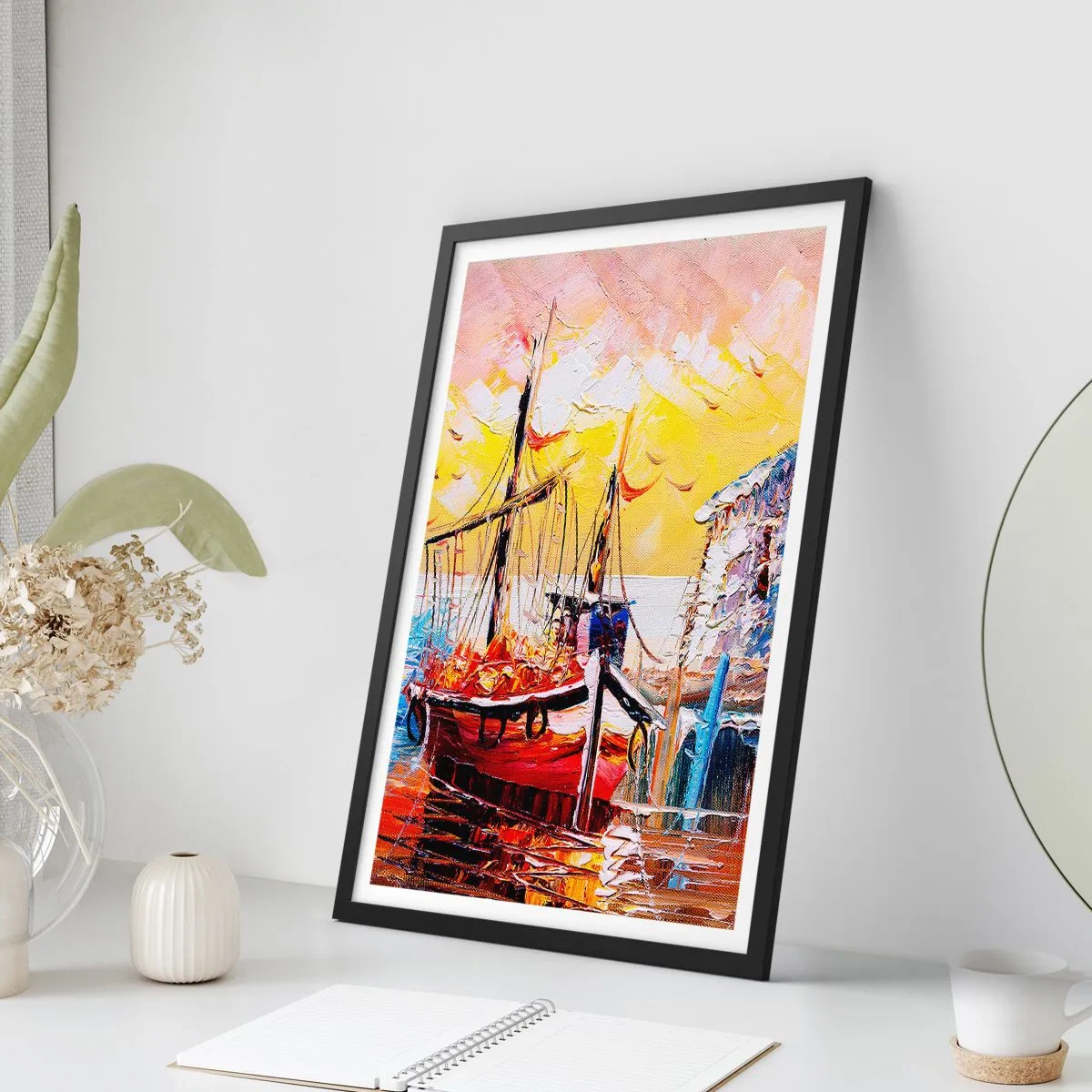 Póster en marco negro - Un pintoresco barco con el sol poniente como telón de fondo. - 50x70cm - Feliz regreso - Decoración de pared moderna para salón y dormitorio ARTTOR