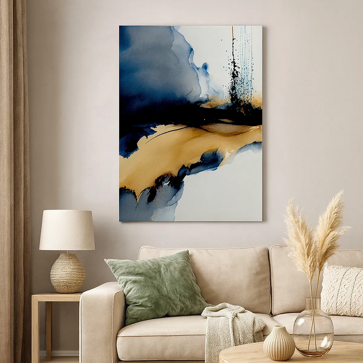 Cuadro sobre lienzo - Impresión de Imagen - Una composición abstracta en tonos azul marino y dorado. - 50x70cm - Tras el telón - Decoración de pared moderna para salón y dormitorio ARTTOR