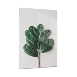 Cuadro sobre vidrio - Impresiones sobre Vidrio - Una rama con hojas verdes sobre un fondo claro. - 50x70cm - El dibujo de la propia naturaleza - Decoración de pared moderna para salón y dormitorio ARTTOR