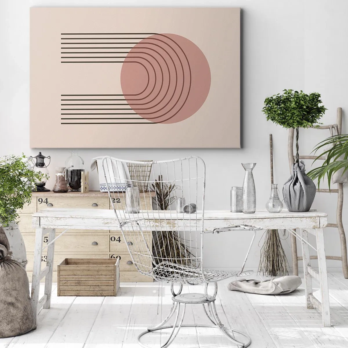Cuadro sobre lienzo - Impresión de Imagen - Motivo abstracto con círculo rosa y líneas. - 70x50cm - Atracción irresistible - Decoración de pared moderna para salón y dormitorio ARTTOR