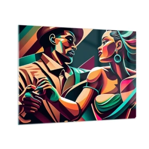 Cuadro sobre vidrio - Impresiones sobre Vidrio - Una pareja colorida bailando en estilo art decó con expresión dinámica. - 70x50cm - Al ritmo del corazón - Decoración de pared moderna para salón y dormitorio ARTTOR