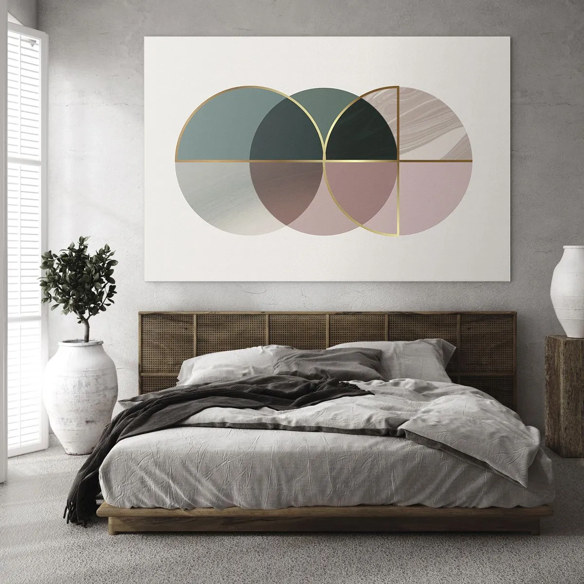 Cuadro sobre vidrio - Impresiones sobre Vidrio - Formas geométricas con tonos verdes y rosas sobre un fondo claro. - 70x50cm - Círculo tras círculo... - Decoración de pared moderna para salón y dormitorio ARTTOR