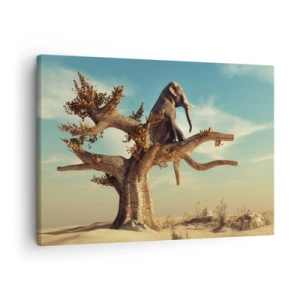 Cuadro sobre lienzo - Impresión de Imagen - Un elefante sentado en un árbol en un paisaje surrealista. - 70x50cm - Un nuevo punto de vista - Decoración de pared moderna para salón y dormitorio ARTTOR