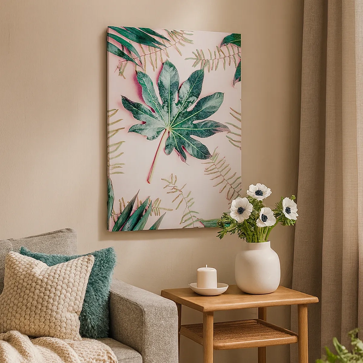 Cuadro sobre lienzo - Impresión de Imagen - Hojas tropicales sobre un fondo pastel claro. - 50x70cm - Estudio de vegetación sobre fondo rosa - Decoración de pared moderna para salón y dormitorio ARTTOR