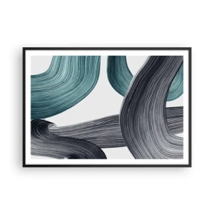 Póster en marco negro - Líneas abstractas fluidas en tonos verdes y grises. - 100x70cm - Senderos esmeralda y negro - Decoración de pared moderna para salón y dormitorio ARTTOR