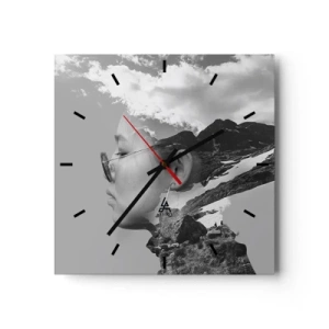 Reloj de pared - Reloj de vidrio - Una composición en blanco y negro con la silueta de una mujer y un paisaje de montaña. - 30x30cm - Retrato sobre montañas y nubes - Decoración de pared moderna para salón y dormitorio ARTTOR