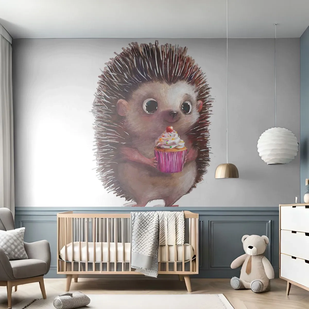Fotomural Premium Sand - Un lindo erizo sosteniendo una magdalena sobre un fondo blanco. - 100x70cm - La celebración es diaria - Decoración de pared moderna para salón y dormitorio ARTTOR
