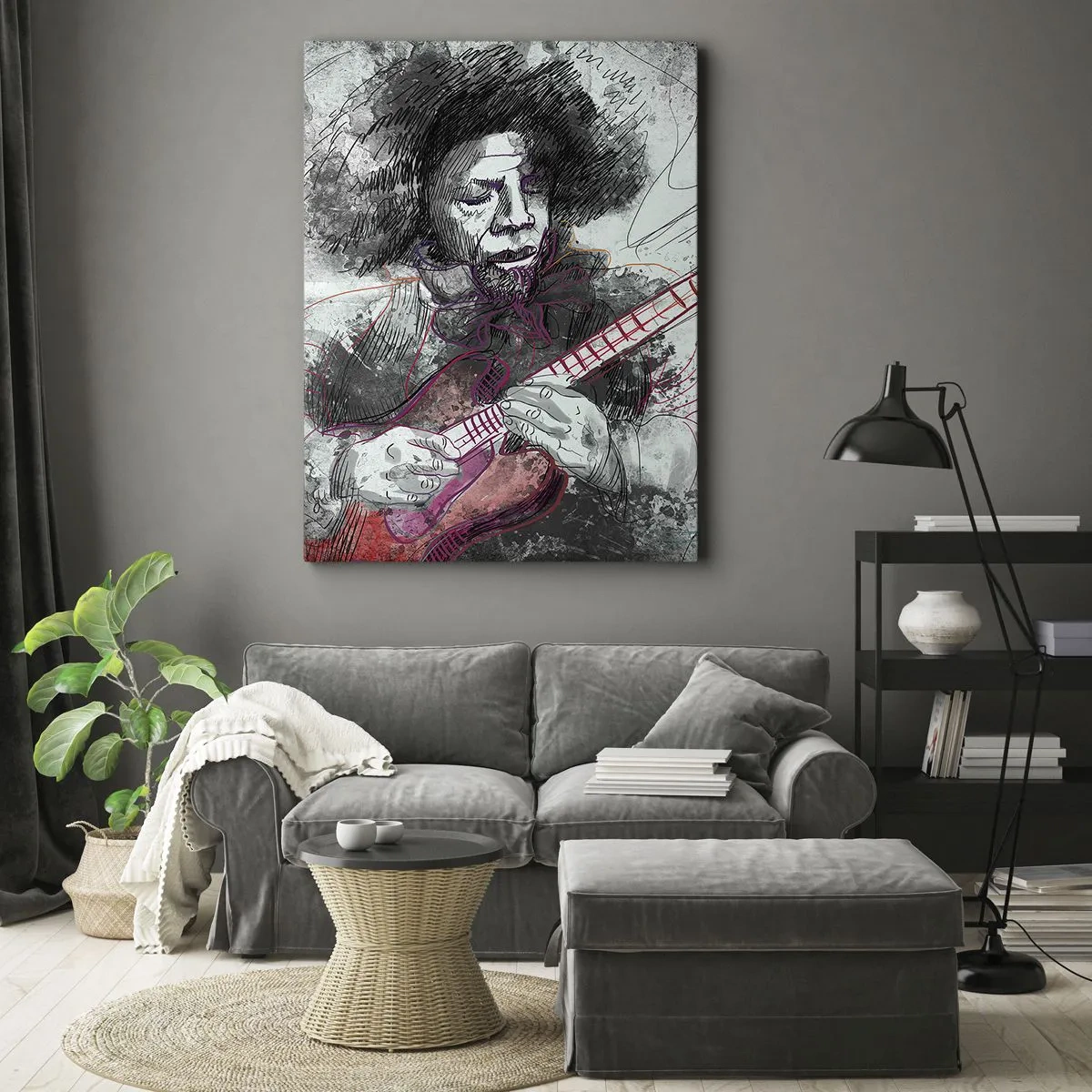 Cuadro sobre lienzo - Impresión de Imagen - Retrato artístico de un guitarrista en la técnica del boceto. - 50x70cm - Volando con la música - Decoración de pared moderna para salón y dormitorio ARTTOR