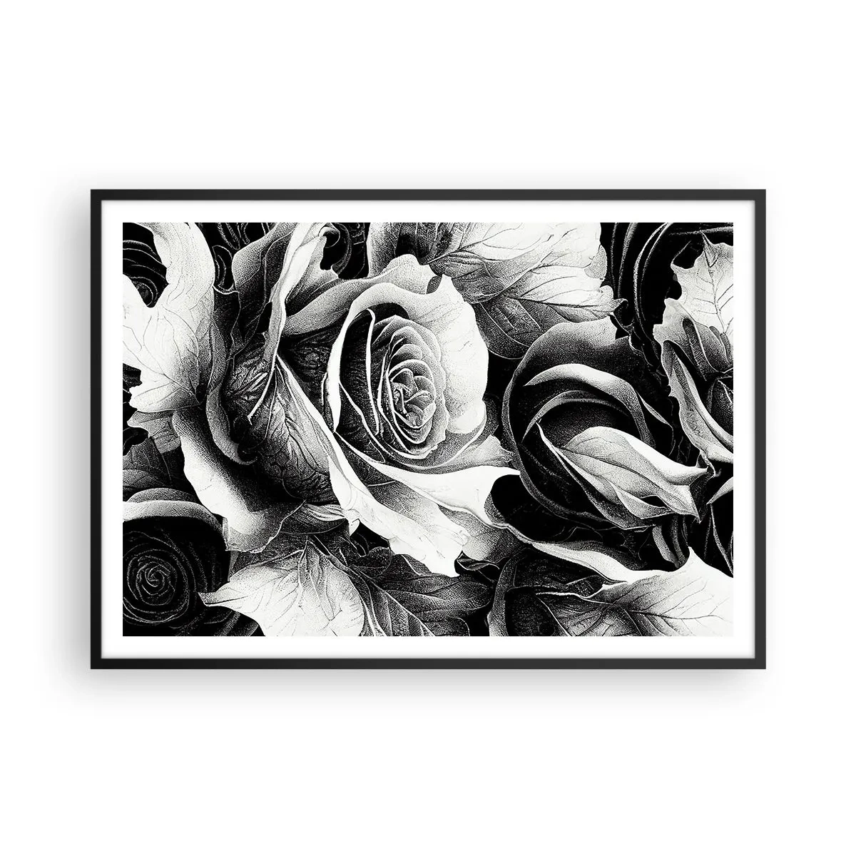 Póster en marco negro - Rosas blancas y negras en una elegante composición. - 100x70cm - Siempre como una reina - Decoración de pared moderna para salón y dormitorio ARTTOR