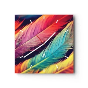 Reloj de pared - Reloj de vidrio - Plumas de colores intensos - 30x30cm - Arco iris plumoso - Decoración de pared moderna para salón y dormitorio ARTTOR