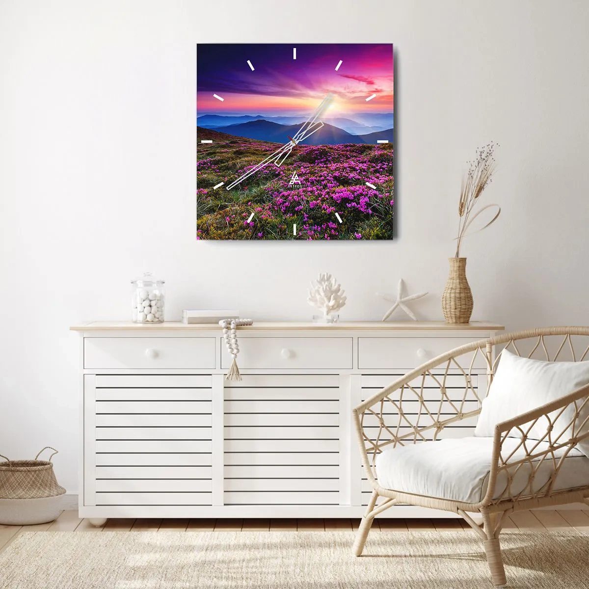 Reloj de pared - Reloj de vidrio - Prado de montaña con flores al atardecer - 30x30cm - Dulce aroma a frescura - Decoración de pared moderna para salón y dormitorio ARTTOR