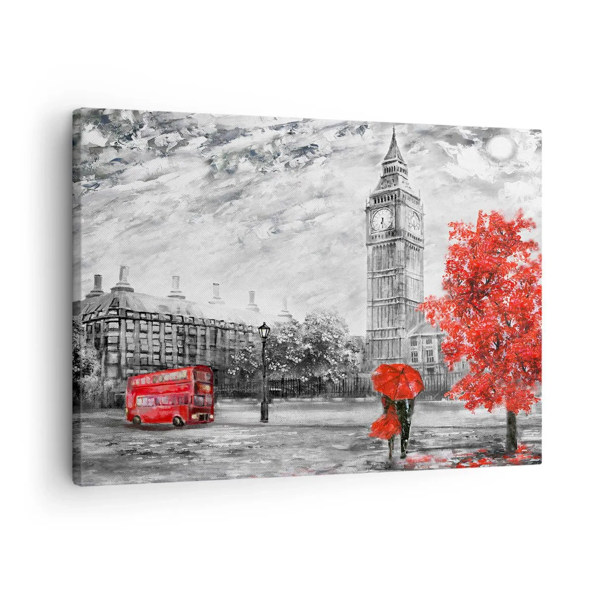 Cuadro sobre lienzo - Impresión de Imagen - Vista icónica de Londres con el Big Ben, un autobús rojo y un paraguas. - 70x50cm - Un día emocionante - Decoración de pared moderna para salón y dormitorio ARTTOR