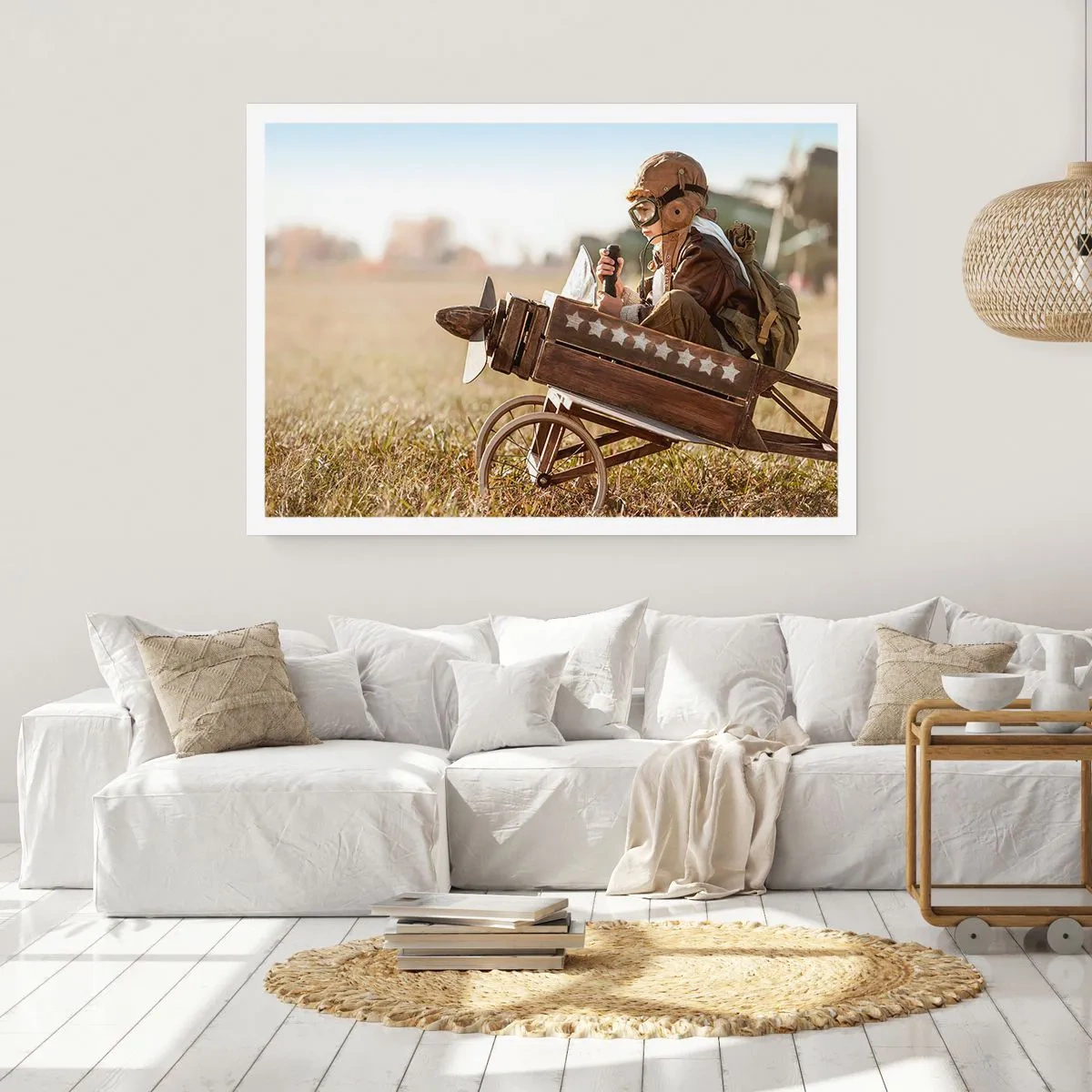 Póster - Un niño en un avión de juguete con un campo al fondo. - 100x70cm - Despegue hacia un sueño - Decoración de pared moderna para salón y dormitorio ARTTOR
