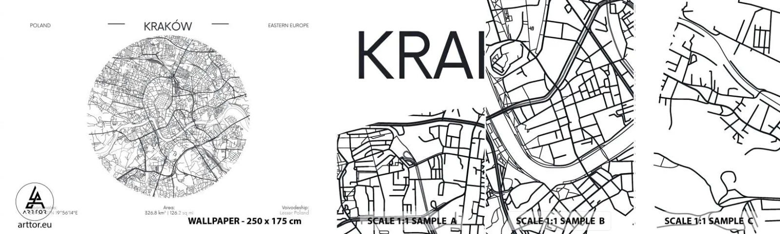 Muestra de fotomural autoadhesivo Deluxe Sticker - Anatomía de Cracovia - Mapa, Cracovia, Polonia - 100x30 cm