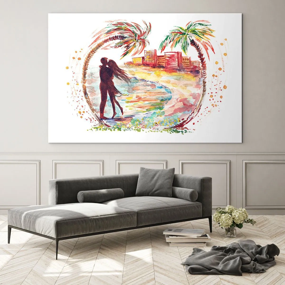 Cuadro sobre vidrio - Impresiones sobre Vidrio - Pareja romántica en un entorno tropical con palmeras. - 70x50cm - Unas vacaciones románticas - Decoración de pared moderna para salón y dormitorio ARTTOR