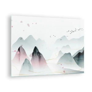 Cuadro sobre vidrio - Impresiones sobre Vidrio - Montañas pastel con una bandada de pájaros volando y líneas doradas. - 70x50cm - Sobre las cimas - Decoración de pared moderna para salón y dormitorio ARTTOR