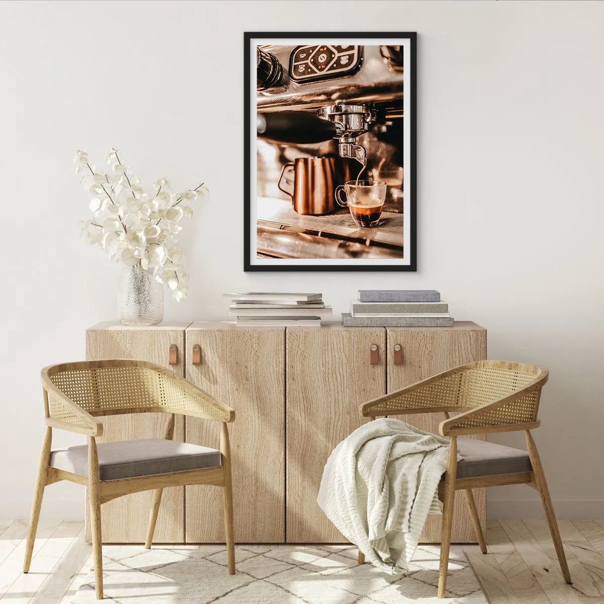 Póster en marco negro - Espresso aromático de la máquina de espresso - 50x70cm - El resplandor del café - Decoración de pared moderna para salón y dormitorio ARTTOR